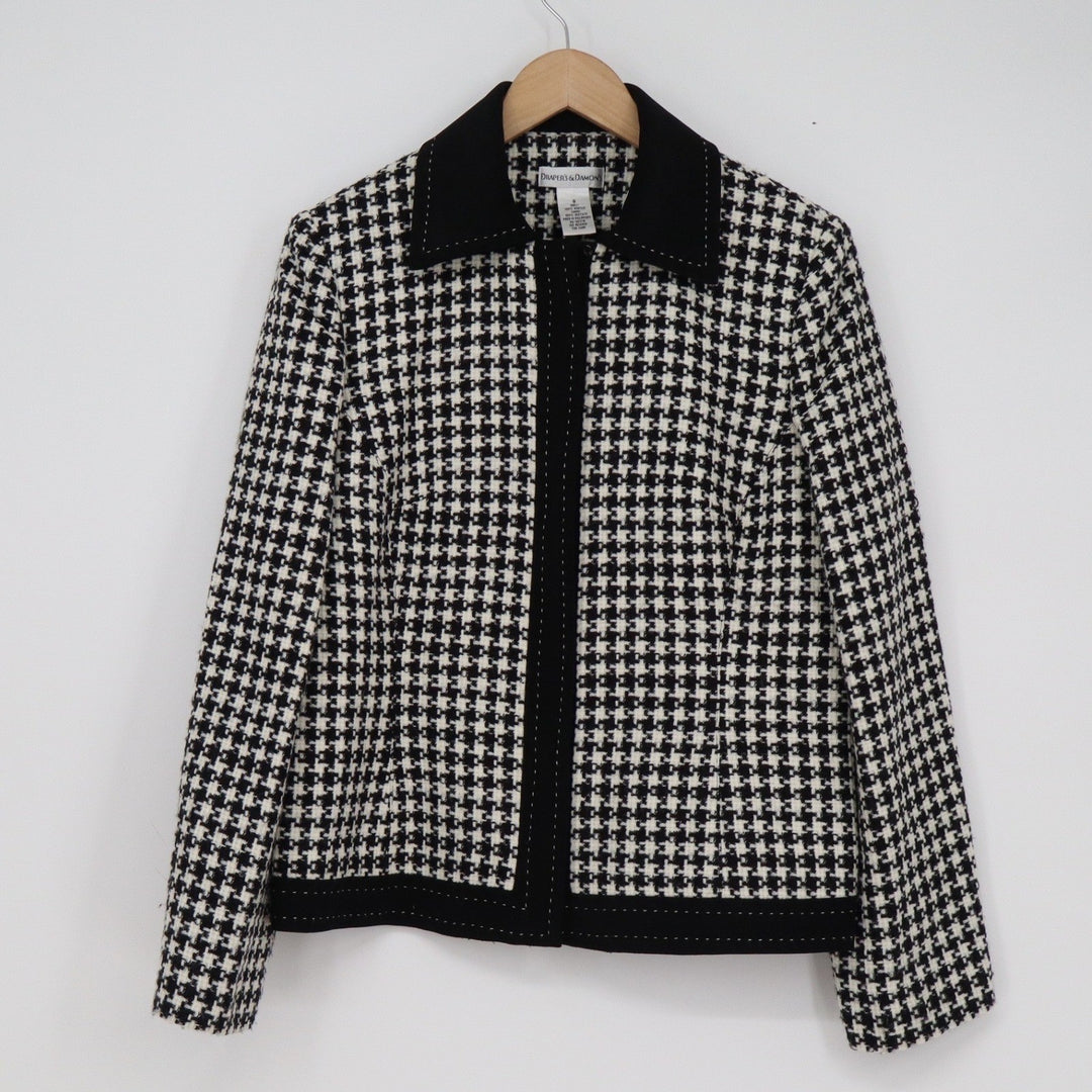 Drapers & Damons Houndstooth Blazer Jacket Black White Snap Front Size 8 Lined