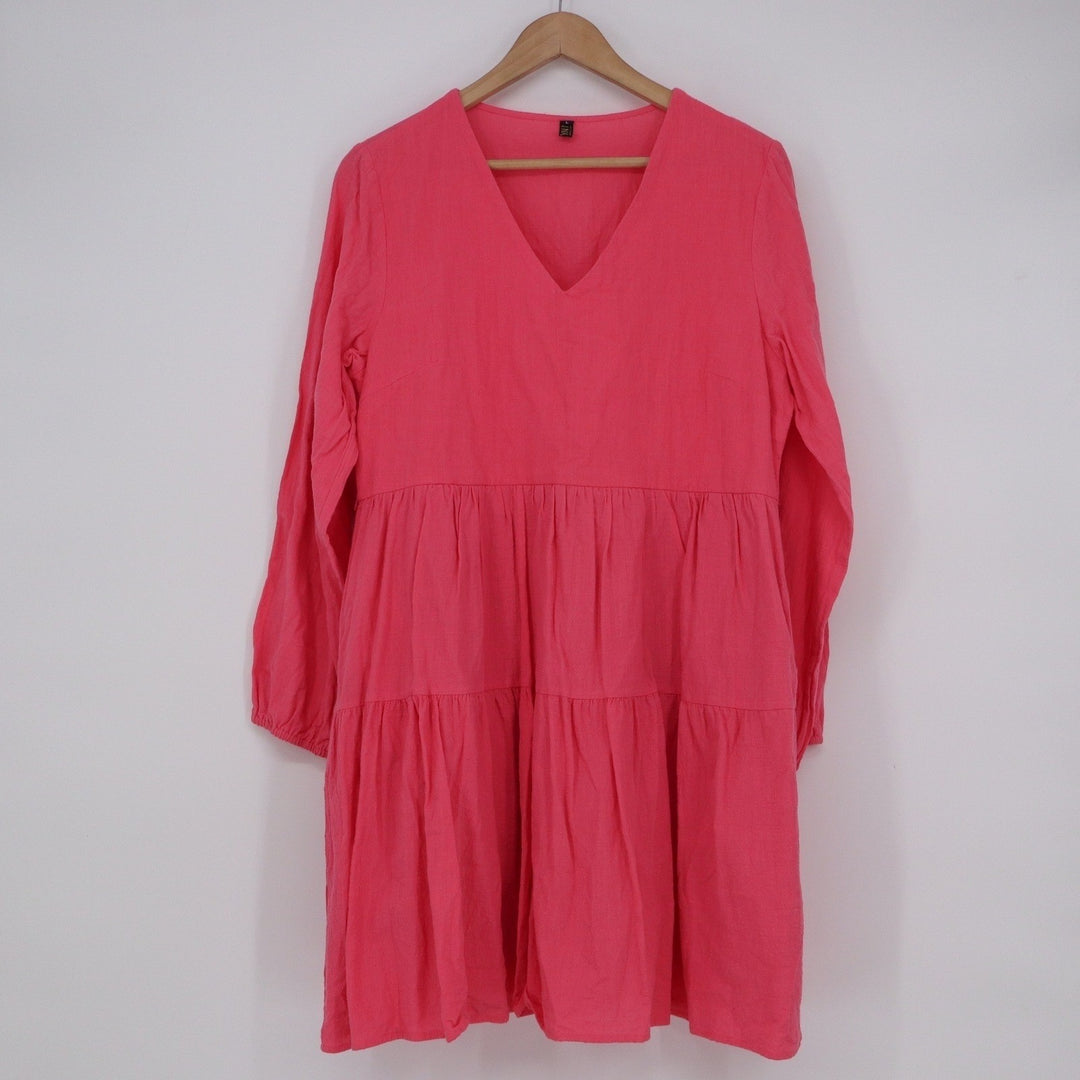 Zini New York & London Hot Pink Tiered Babydoll Dress V-Neck Long Sleeve Large