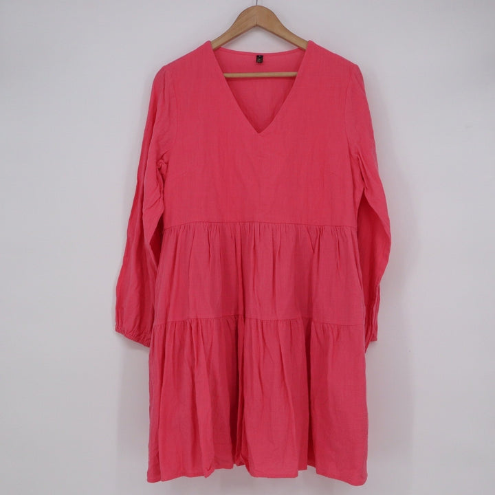 Zini New York & London Hot Pink Tiered Babydoll Dress V-Neck Long Sleeve Large