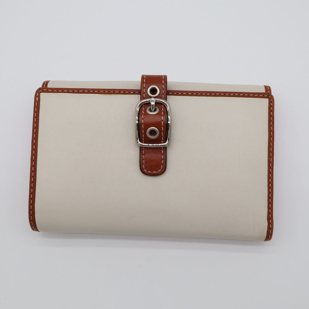 Coach Purse Womens White Tan Leather Buckle Credit Card Slots Bifold Wallet