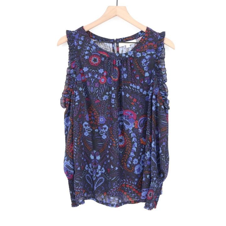 LOFT Blouse Womens Medium Multi Floral Ruffle Smocked Cold Shoulder Long Sleeve