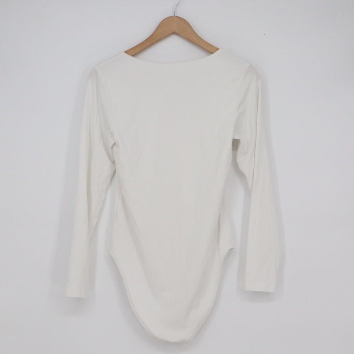 Old Navy Womens White Square Neck Long Sleeve Bodysuit Size M Cotton Blend Snap