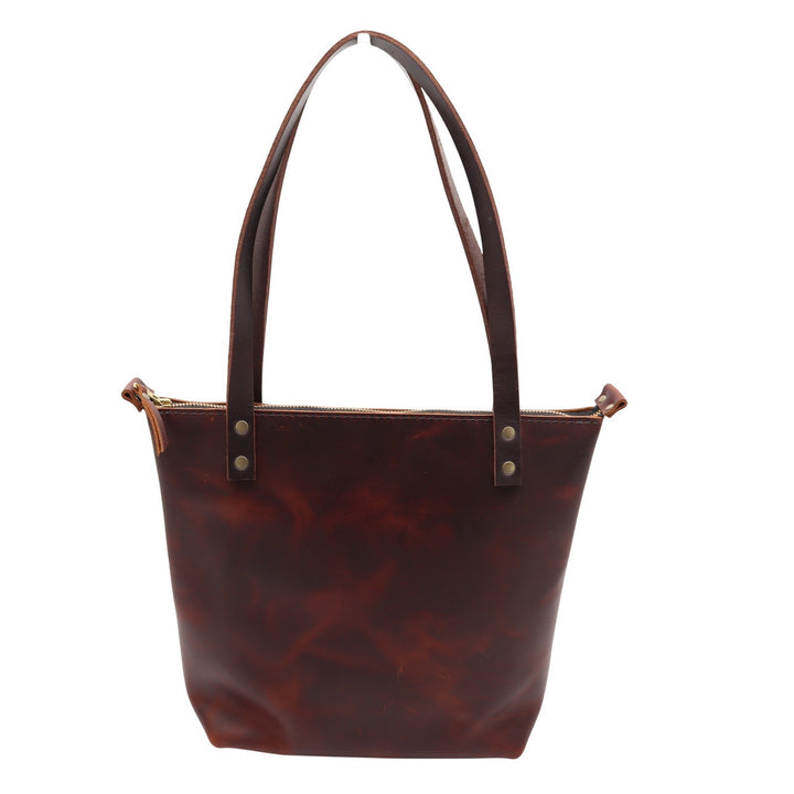 Portland Leather Goods Brown Leather Zip Top Tote Bag Handcrafted Medium