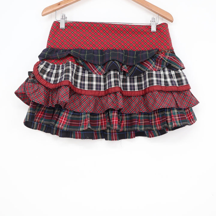 Ralph Lauren Mixed Plaid Patchwork Tiered Ruffle Mini Skirt Red Multi Size 14