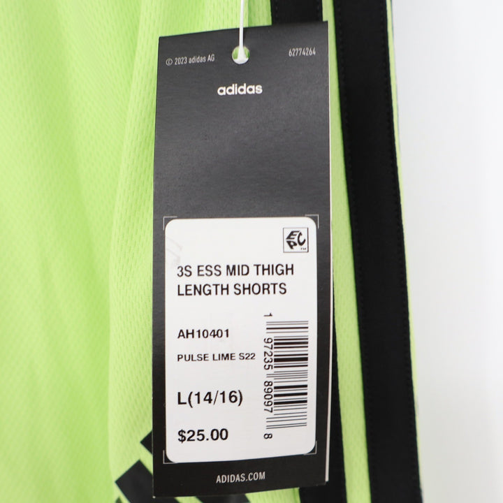 Adidas Boys Pulse Lime Green 3S ESS Mid Thigh Mesh Athletic Shorts L 14/16 NEW