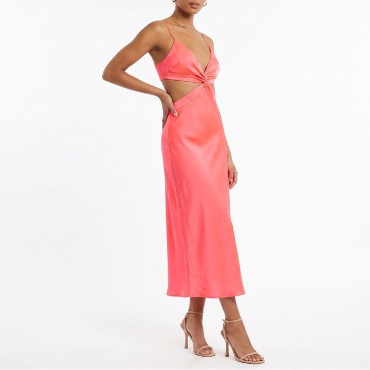 Zara Midi Dress Womens Large Pink Cut Out V-Neck Strappy Backless Cocktail Party