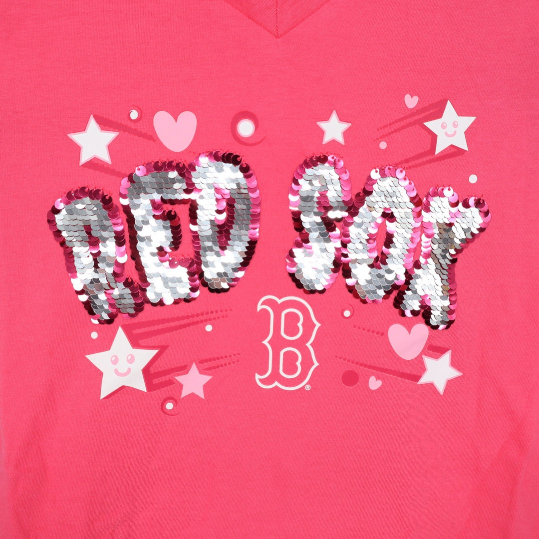 New Era Boston Red Sox Girls Pink Sequin Graphic V-Neck T-Shirt Size 6/6X