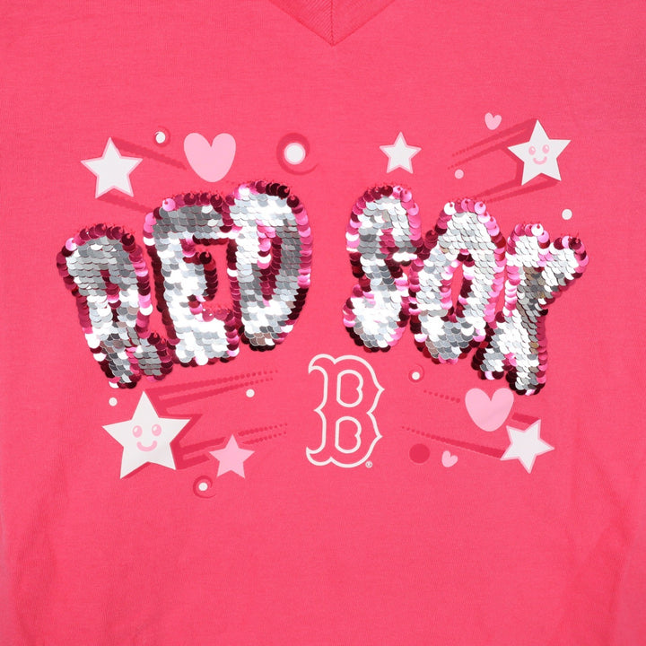 New Era Boston Red Sox Girls Pink Sequin Graphic V-Neck T-Shirt Size 6/6X