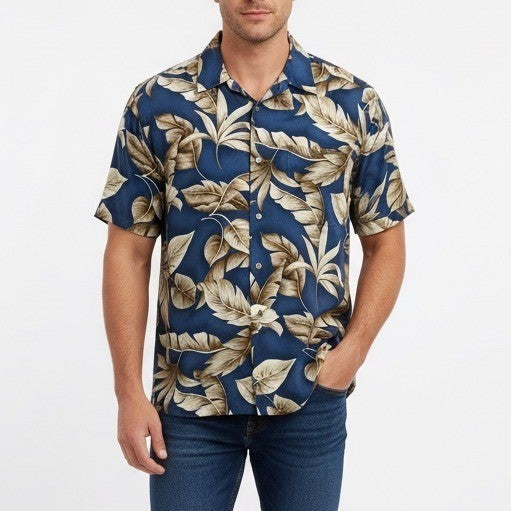 Croft & Barrow Mens Blue Tropical Leaf Print Short Sleeve Button Up Shirt Size L