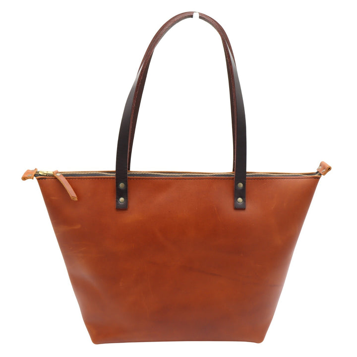 Portland Leather Goods Zipper Tote Bag Cognac Brown Full Grain Leather Large