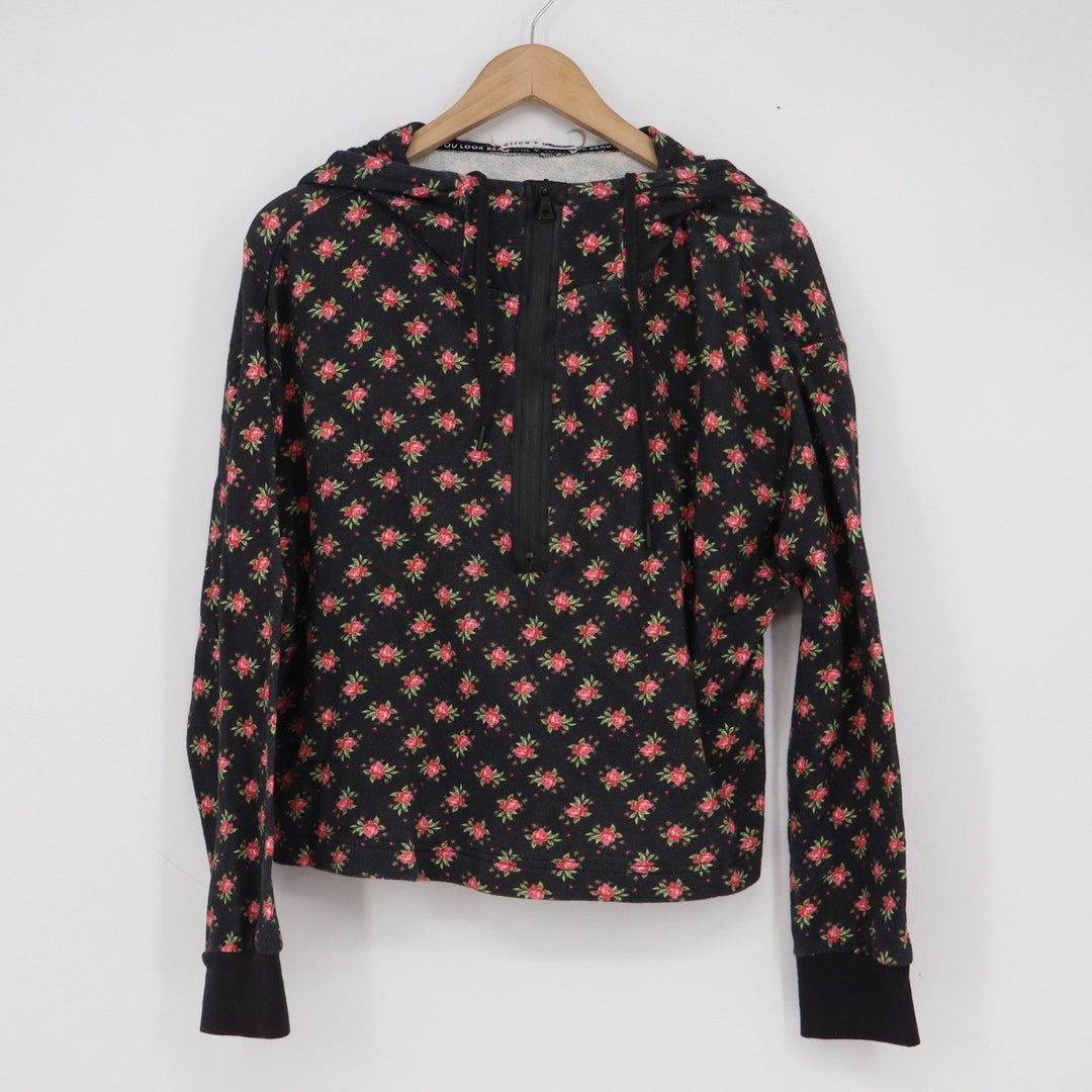 Alice + Olivia Floral Rose Half Zip Hoodie Sweatshirt Black Large