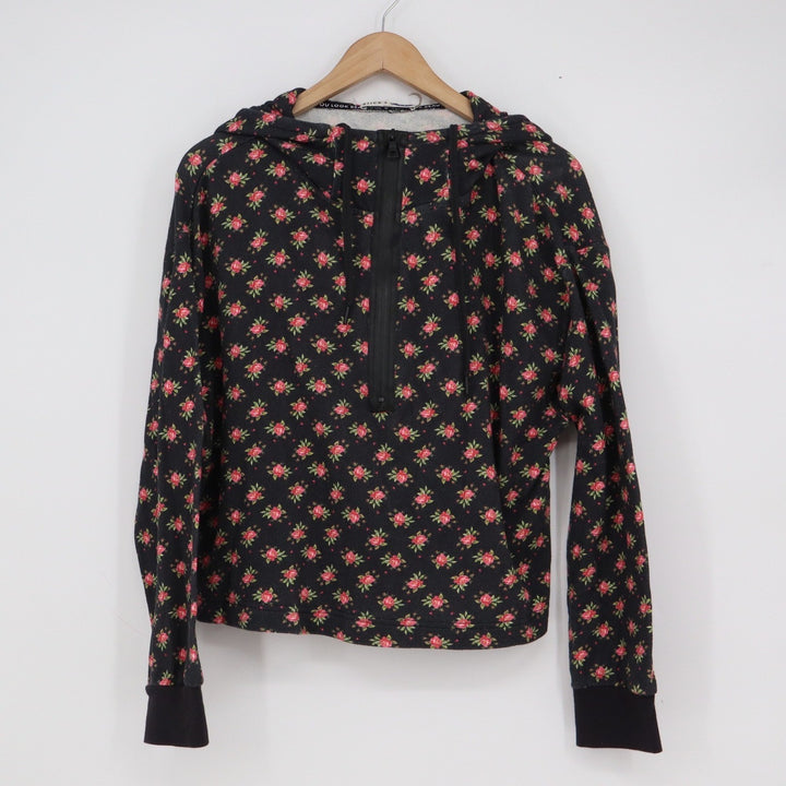 Alice + Olivia Floral Rose Half Zip Hoodie Sweatshirt Black Large