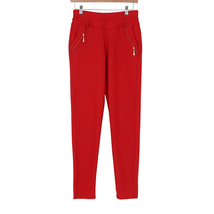 Red High Waisted Gold Zip Stretch Pull On Skinny Pants One Size