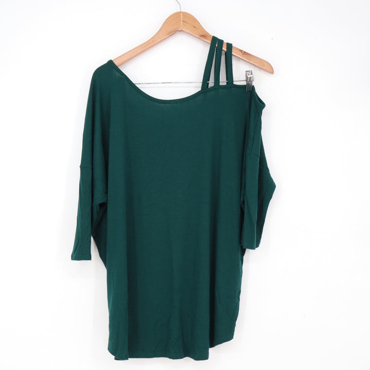 Top Womens L Cold Shoulder Dark Green Triple Strap 3/4 Sleeve Good