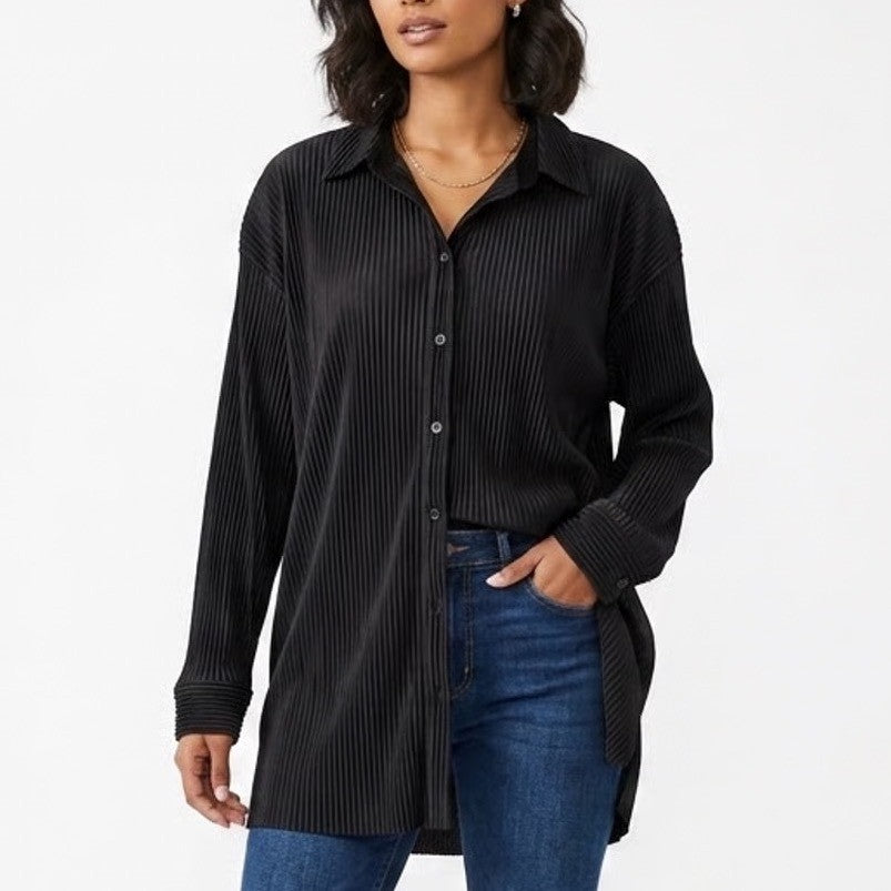 Shein Curve Shirt Women 2XL Black Textured Drop Shoulder Spread Collar Button Up
