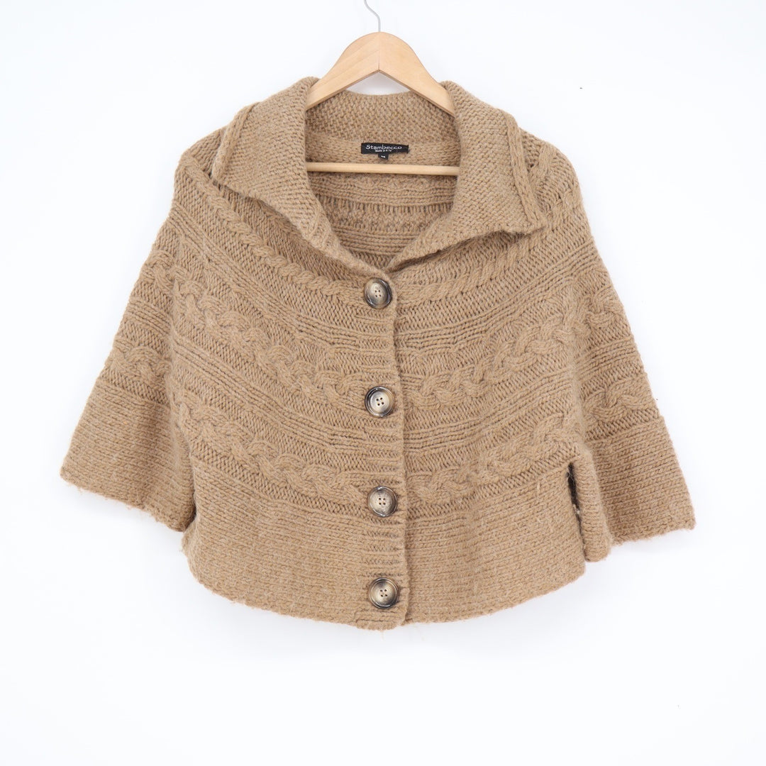 Stambecco Italy Alpaca Wool Blend Cable Knit Button Front Poncho Cardigan Tan M
