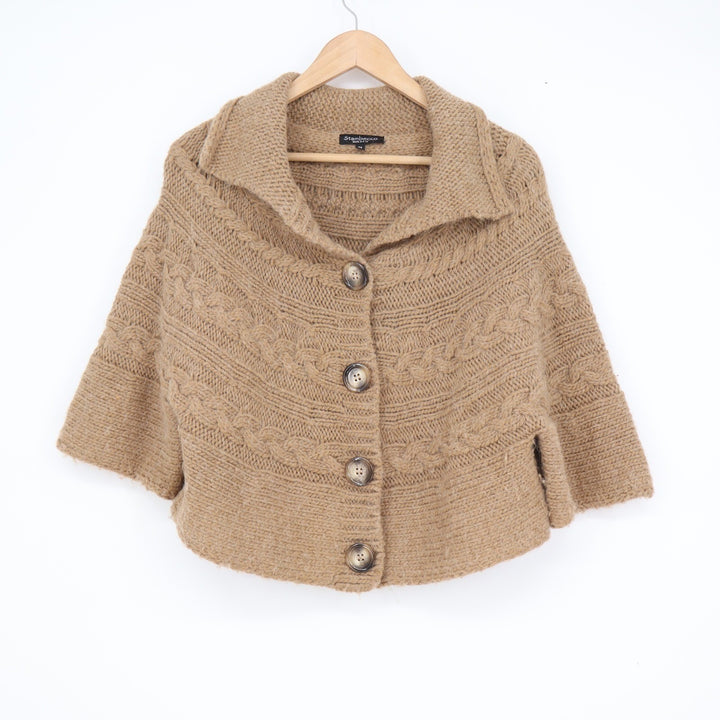 Stambecco Italy Alpaca Wool Blend Cable Knit Button Front Poncho Cardigan Tan M