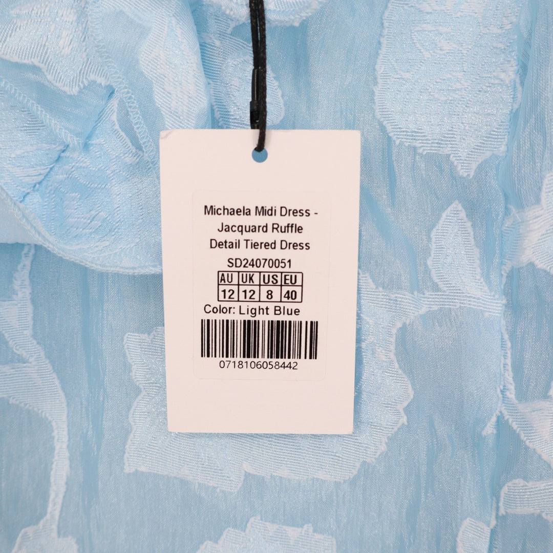 Showpo Michaela Light Blue Floral Jacquard Ruffle Tiered Midi Dress US 8
