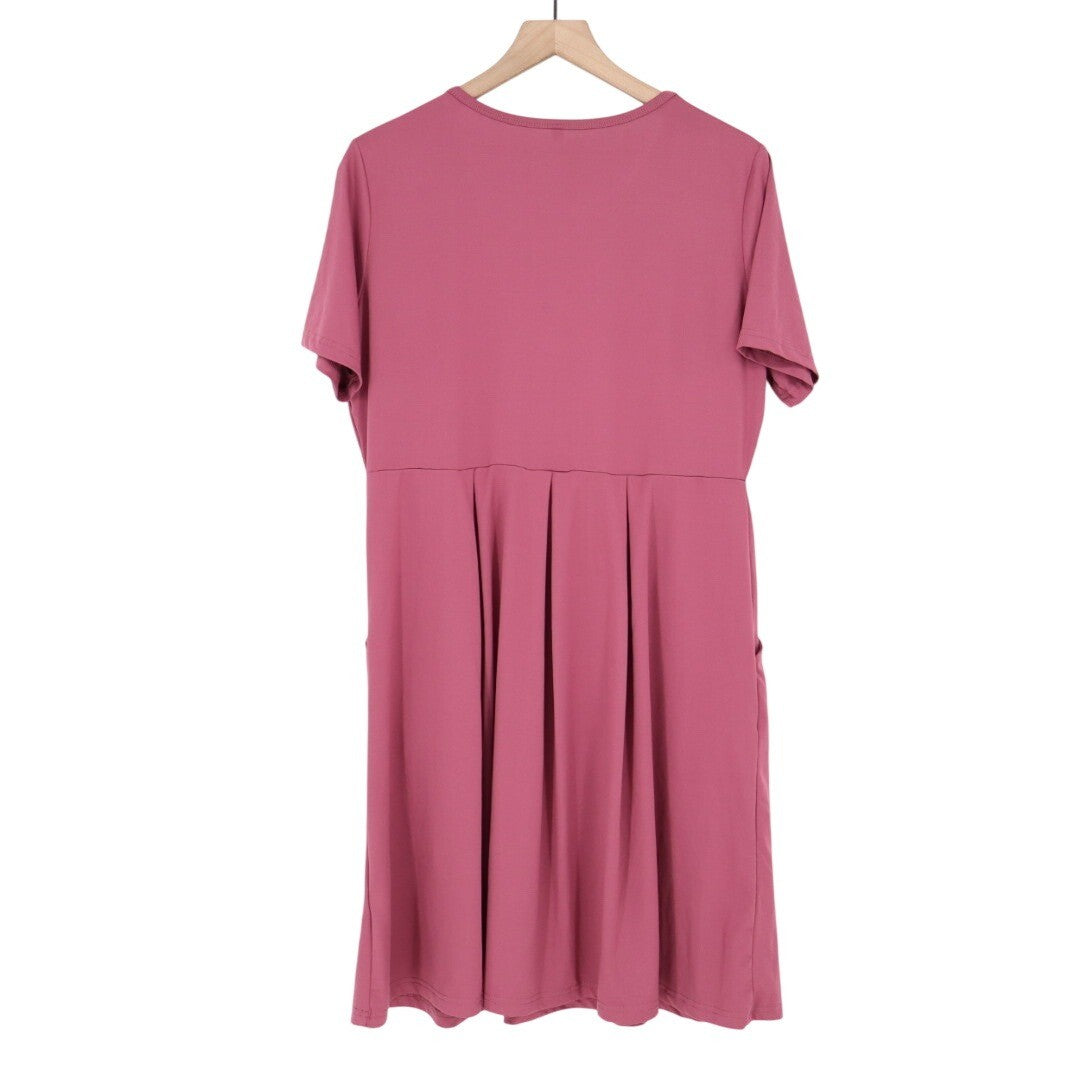 Womens Plus Size XL Mauve Pink Button Front Short Sleeve Midi Dress Pockets