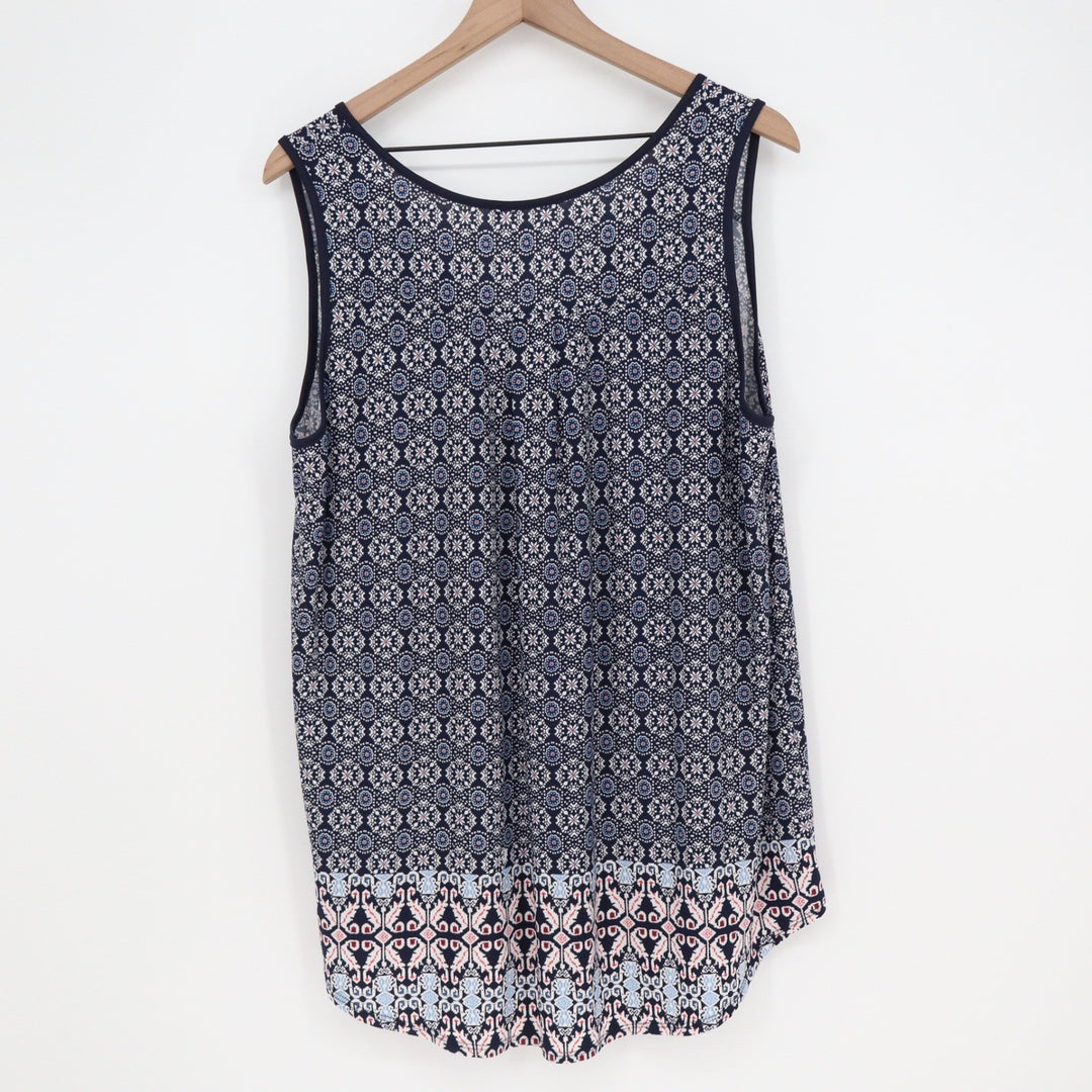 Boho Geometric Medallion Print Sleeveless Tank Top Navy Pink Plus Size 1X