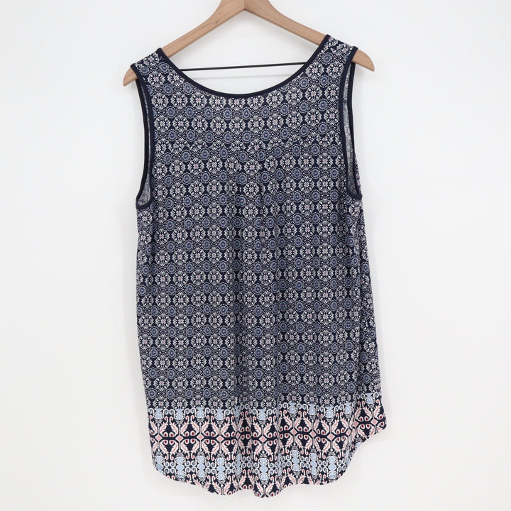 Boho Geometric Medallion Print Sleeveless Tank Top Navy Pink Plus Size 1X