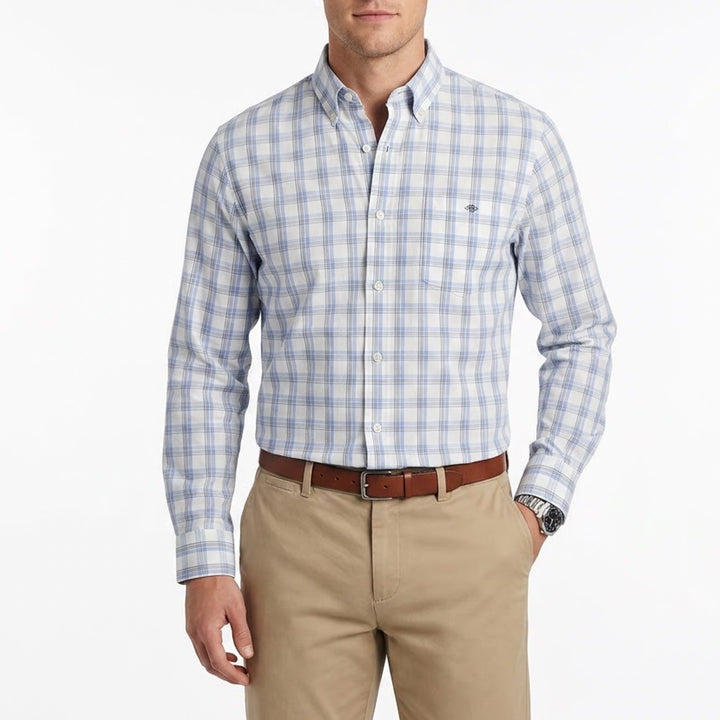 Lands End Mens Traditional Fit Supima Cotton Blue White Plaid Shirt