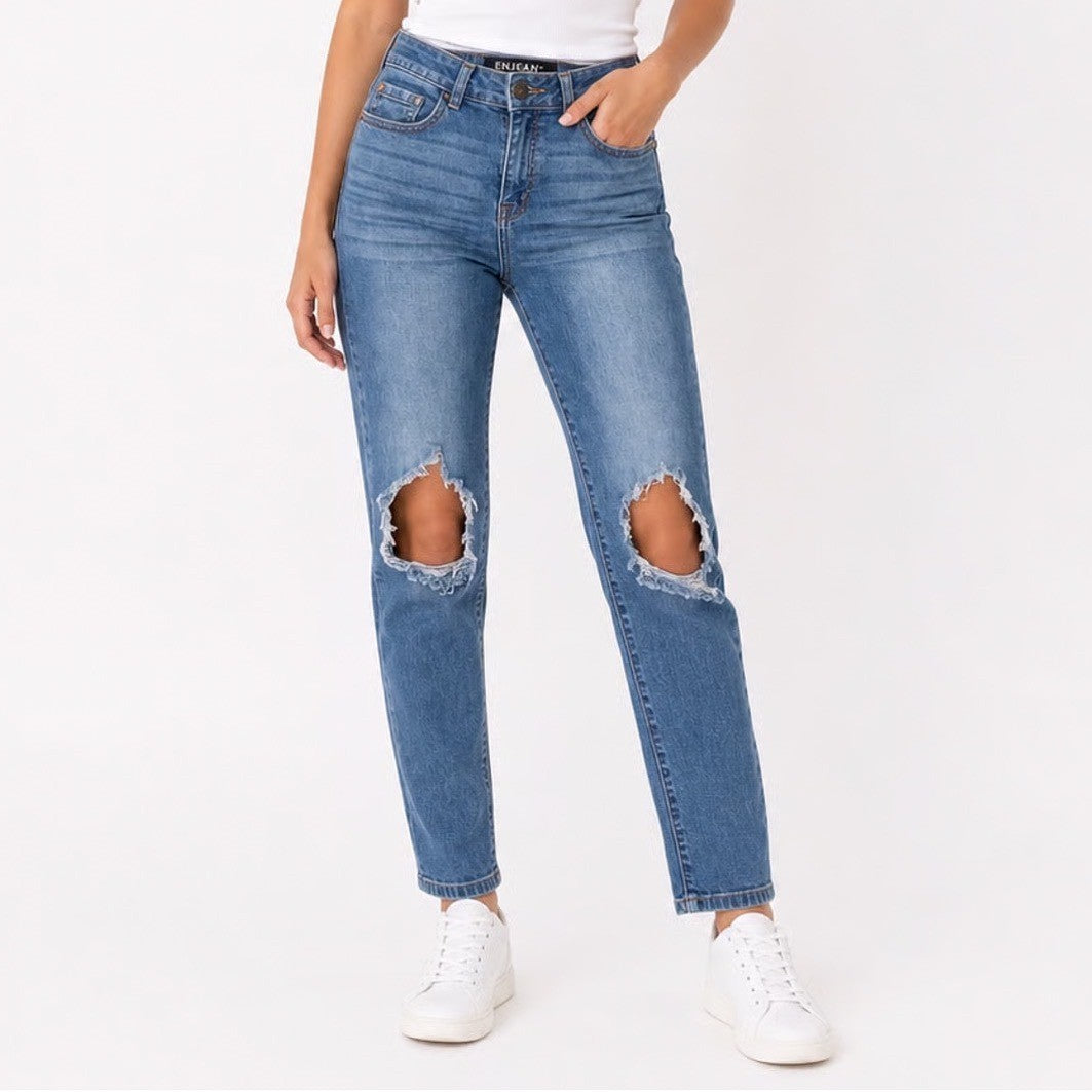 Enjean Denim Co Medium Wash Distressed Ripped Knee Skinny Jeans Size 1