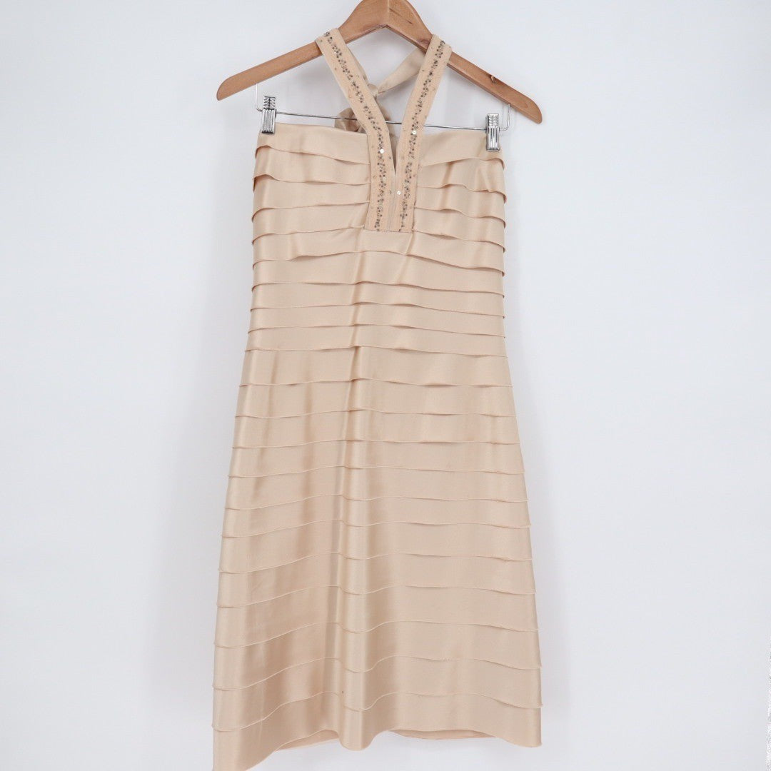 BCBGMAXAZRIA Beige Sequined Halter Neck Tiered Cocktail Dress Size 10