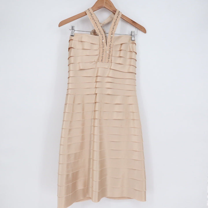 BCBGMAXAZRIA Beige Sequined Halter Neck Tiered Cocktail Dress Size 10