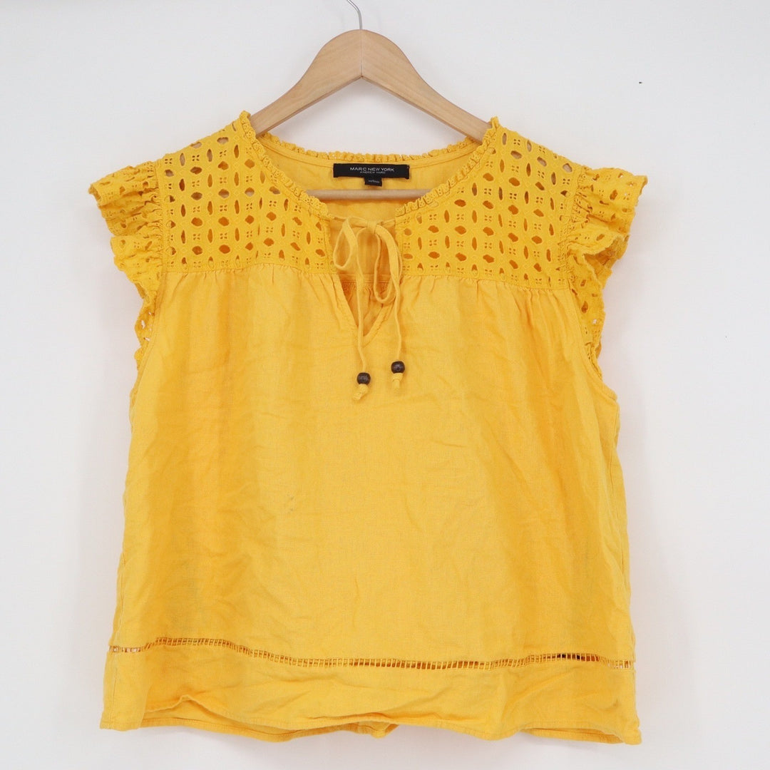 Marc New York Andrew Marc Yellow Linen Blend Eyelet Ruffle Blouse Large
