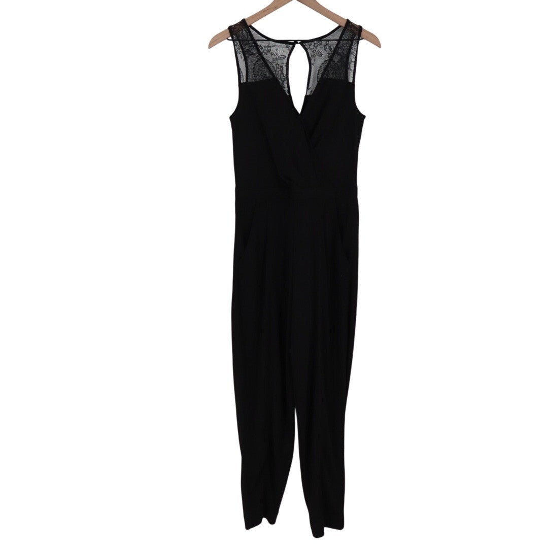 French Connection Black Lace Trim Keyhole Neck Sleeveless Jumpsuit Pants Size 8
