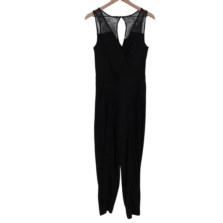 French Connection Black Lace Trim Keyhole Neck Sleeveless Jumpsuit Pants Size 8