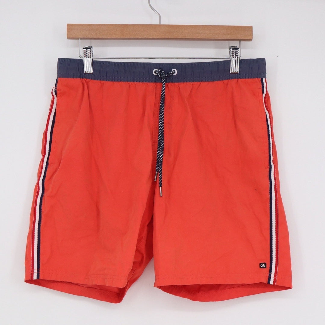 Micros Mens Swim Trunks Orange Navy Blue Side Stripe Board Shorts Size L