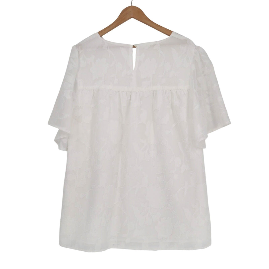 Blouse Womens 2XL White Jacquard Floral Short Sleeve Pleated Round Neck Pullover