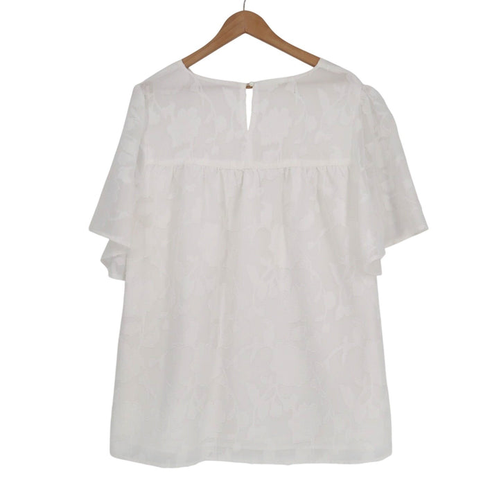 Blouse Womens 2XL White Jacquard Floral Short Sleeve Pleated Round Neck Pullover
