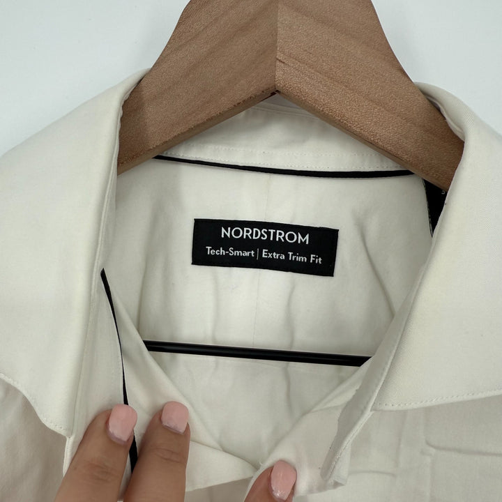 Nordstrom Tech Smart Extra Trim Fit Dress Shirt Mens 15.5 Beige Cotton Stretch