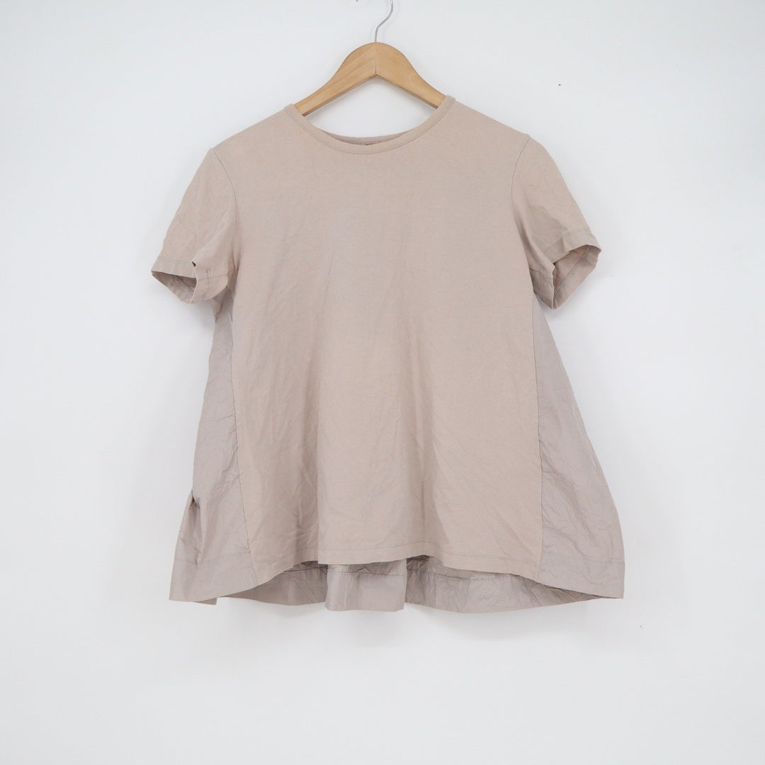 Amma Taupe Mixed Media Ruffle Back Top Short Sleeve Cotton Blend Size 0