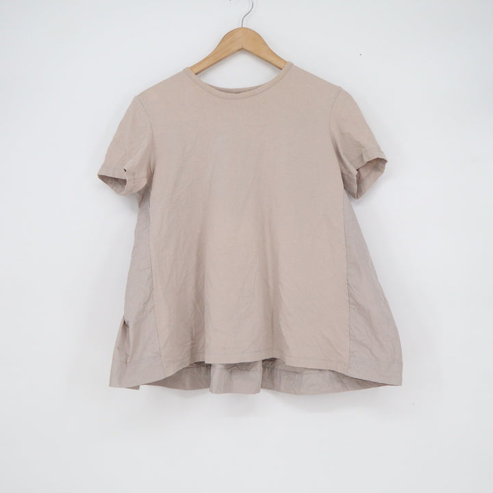 Amma Taupe Mixed Media Ruffle Back Top Short Sleeve Cotton Blend Size 0