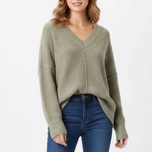 LTS Sweater Womens 14-16 Beige Waffle Knit Ribbed V-Neck Long Sleeve Pullover