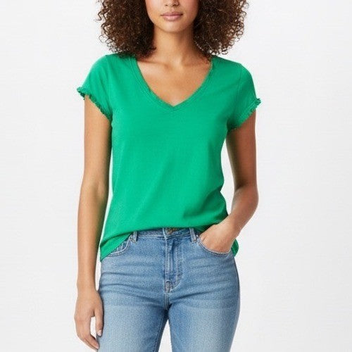 Theory T-Shirt Women Small Green Cotton Stretch Slim V-Neck Casual Everyday Wear