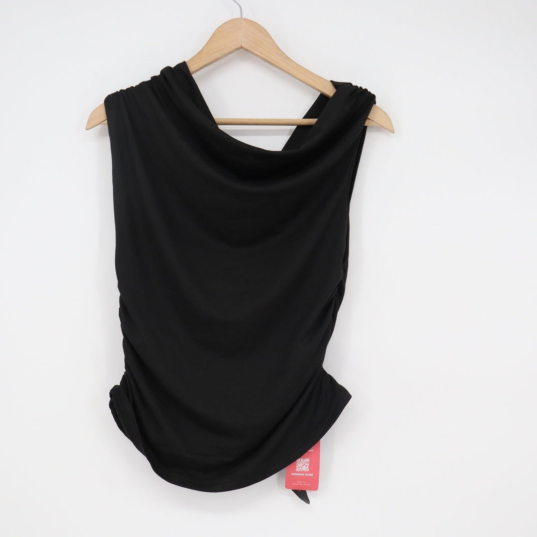 Romwe Black Cowl Neck Ruched Sleeveless Top XL Solid Minimalist Side Draped Tank