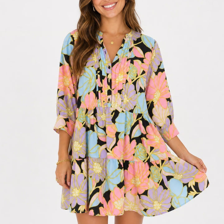 Who What Wear Floral Tiered Mini Dress Pink Blue Purple Black Long Sleeve Medium