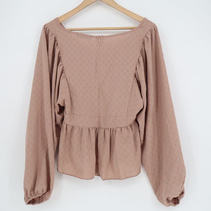 Shein Mauve Textured V-Neck Puff Sleeve Peplum Blouse Top Large