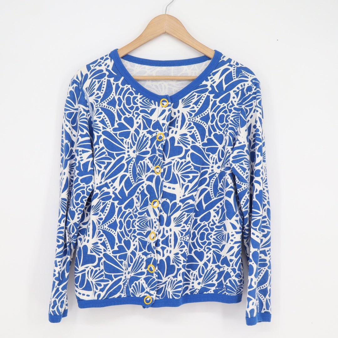 Blue White Floral Heart Button Cardigan Sweater Yellow Buttons