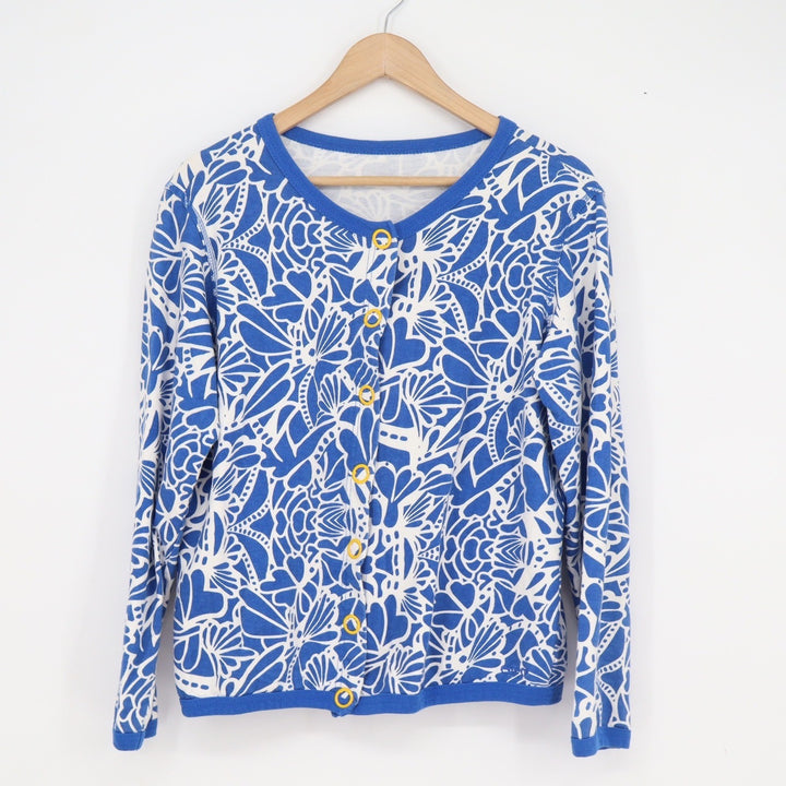 Blue White Floral Heart Button Cardigan Sweater Yellow Buttons
