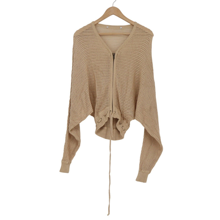 Zara Tan Beige Open Knit Zip Up Batwing Cropped Cotton Cardigan Small