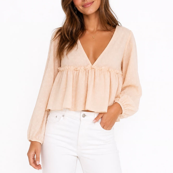 Peach Swiss Dot Deep V-Neck Peplum Blouse Long Sleeve Ruffle Top Large