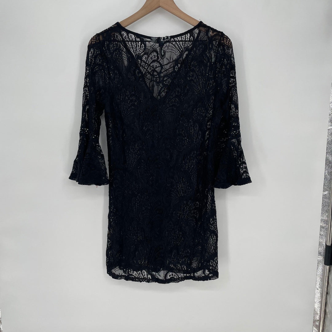 Blue Island Black Lace Bell Sleeve V Neck Cover Up Mini Dress Size S