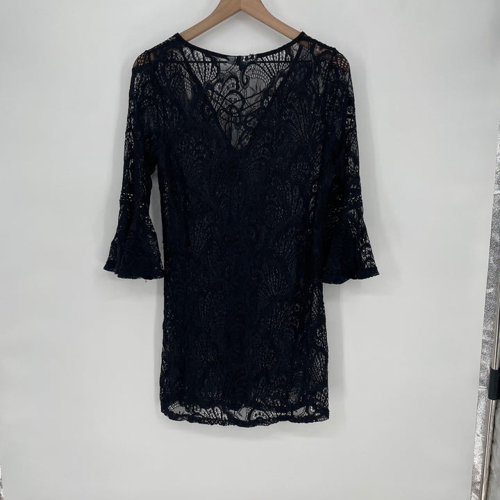 Blue Island Black Lace Bell Sleeve V Neck Cover Up Mini Dress Size S