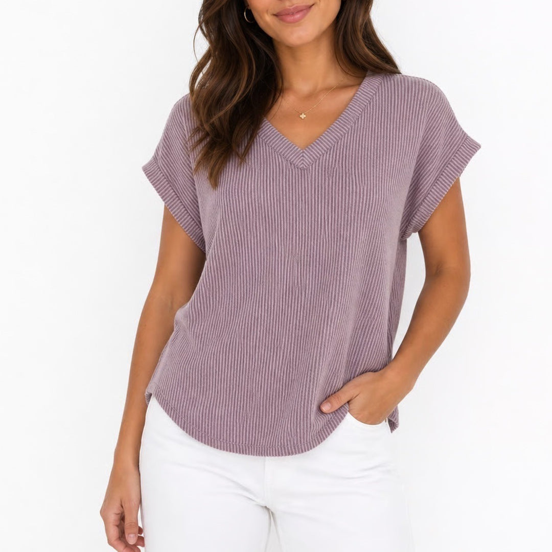 Heimish USA Lavender Ribbed V-Neck Short Sleeve Top Small NEW